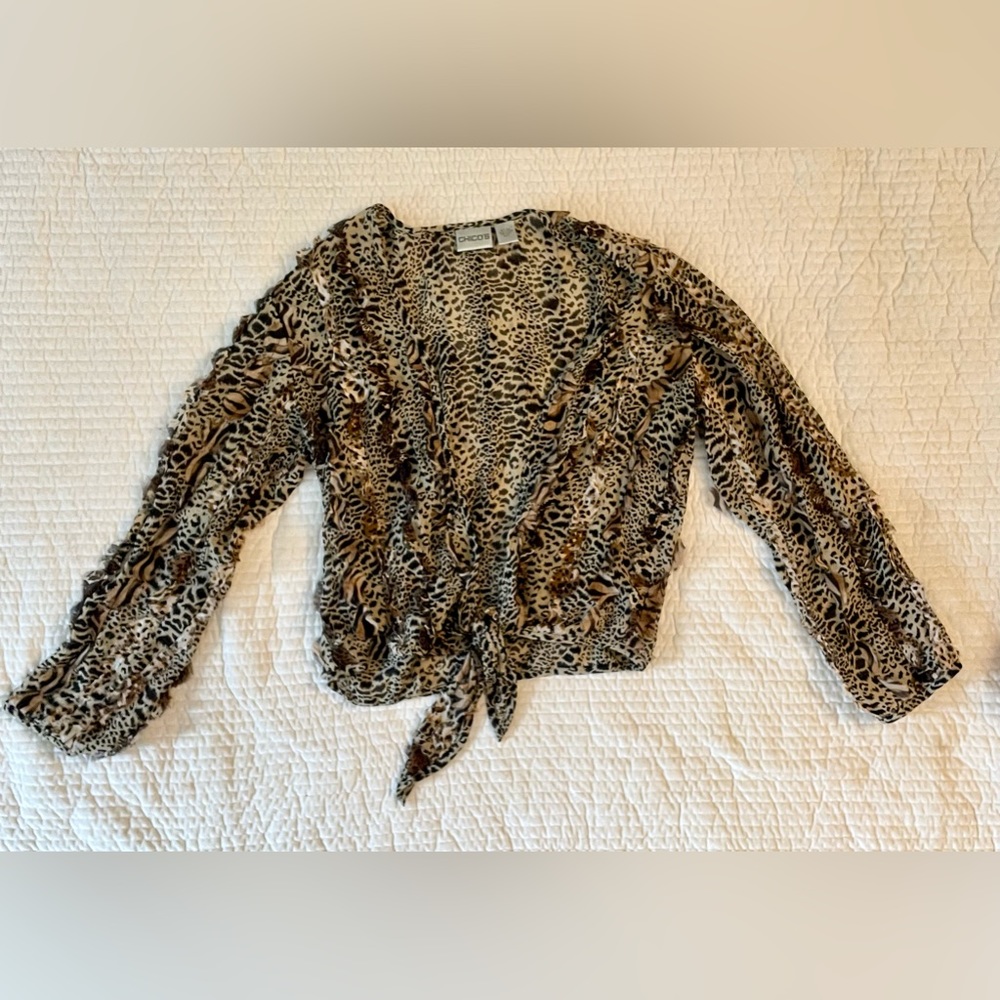 Chico's Semi-Sheer Silk leopard Front Tie Layering Blouse Sz 0 (S) Color: Brown